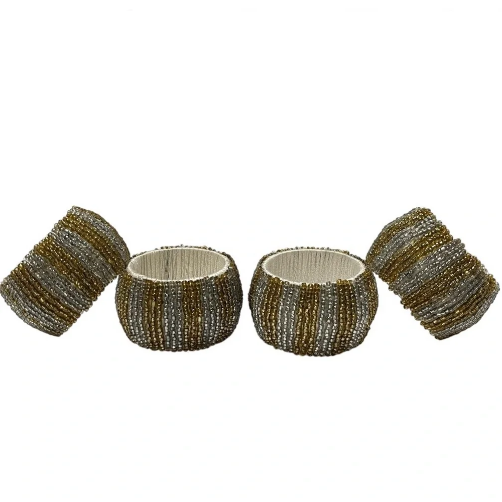Pier 1 Seed Beaded Napkin Rings Gold & Silver Festive Elegant Fancy Formal 4 Set